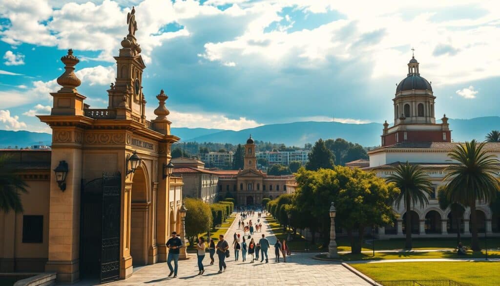 A sprawling campus nestled in the heart of Mexico, with majestic buildings adorned in traditional Spanish colonial architecture. The foreground showcases a grand, ornate university gate, its intricate designs inviting students to explore the wealth of knowledge within. The middle ground features students strolling along tree-lined pathways, engaged in lively discussions. In the background, towering spires and domes rise against a vibrant sky, radiating an air of academic prestige. Warm, golden sunlight filters through, casting a serene and welcoming atmosphere. The scene captures the essence of Mexico's esteemed universities, where a rich heritage meets a vibrant, modern education.