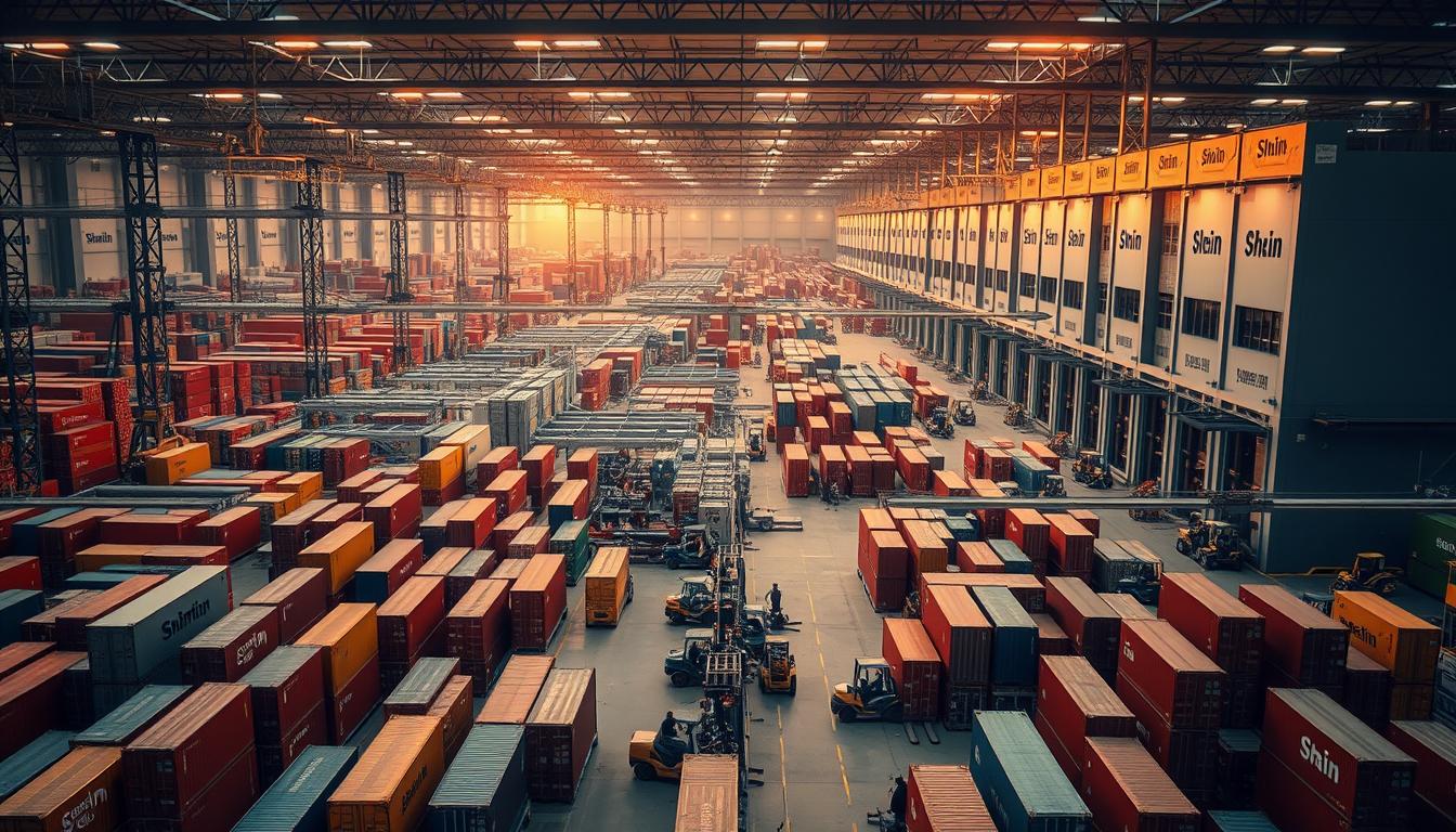 A sprawling logistics hub, bustling with activity. In the foreground, rows of shipping containers in vibrant hues, each one a testament to Shein's global reach. The middle ground reveals an intricate network of conveyor belts, forklifts, and workers meticulously coordinating the flow of goods. In the background, towering warehouses cast long shadows, their facades adorned with Shein's distinctive branding. Warm, diffused lighting filters through the windows, creating a sense of efficiency and precision. The scene conveys the sheer scale and complexity of Shein's logistical operations, the lifeblood that enables their lightning-fast and cost-effective delivery to consumers worldwide.