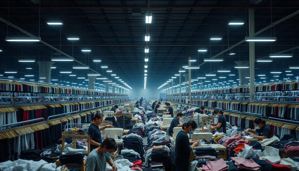 A sprawling warehouse interior, dimly lit with harsh industrial lighting. Rows of clothing racks stretch into the distance, displaying a seemingly endless array of garments. In the foreground, a team of workers meticulously sorting through piles of fabrics, carefully cutting and sewing pieces together with practiced efficiency. The atmosphere is one of relentless productivity, a well-oiled machine focused on cost-saving measures at every step. The scene conveys a sense of the scale and intensity behind Shein's ability to offer such low-priced fashion, hinting at the sometimes unseen realities of their supply chain and manufacturing processes. A sprawling warehouse interior, dimly lit with harsh industrial lighting. Rows of clothing racks stretch into the distance, displaying a seemingly endless array of garments. In the foreground, a team of workers meticulously sorting through piles of fabrics, carefully cutting and sewing pieces together with practiced efficiency. The atmosphere is one of relentless productivity, a well-oiled machine focused on cost-saving measures at every step. The scene conveys a sense of the scale and intensity behind Shein's ability to offer such low-priced fashion, hinting at the sometimes unseen realities of their supply chain and manufacturing processes.