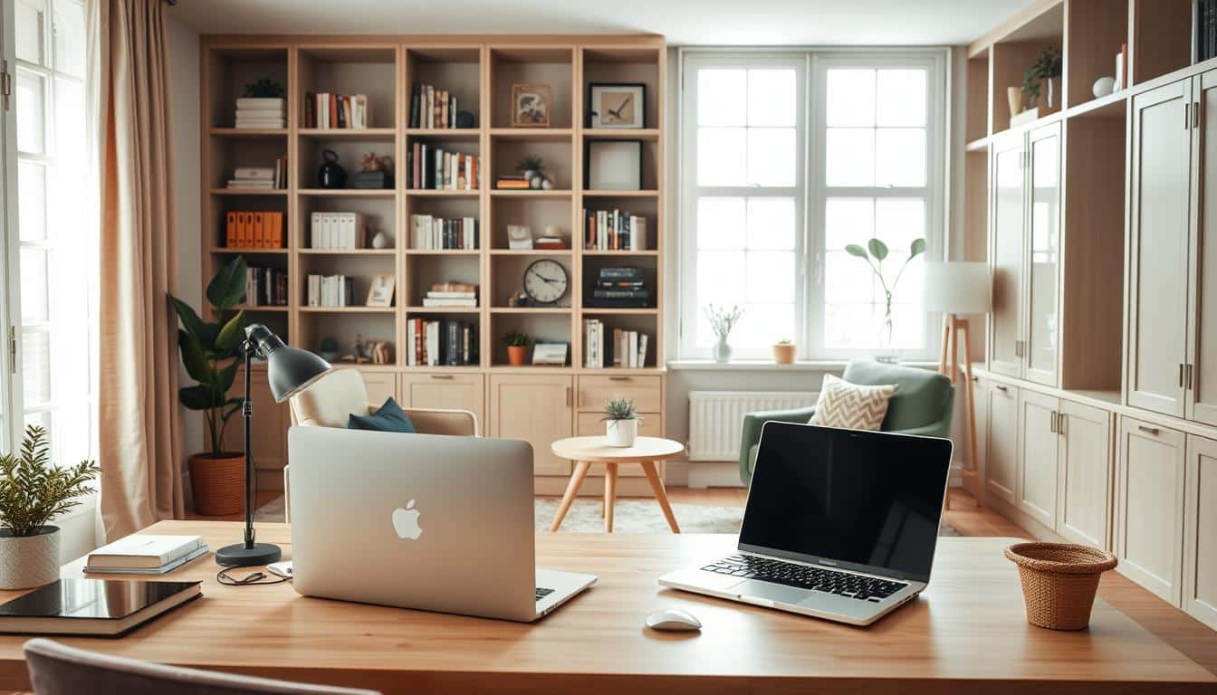 A tranquil, cozy home interior with tasteful decor and furniture that exudes a sense of economic efficiency and practicality. In the foreground, a well-organized desk setup with a sleek laptop, minimalist office supplies, and smart storage solutions. The middle ground showcases a comfortable armchair and a small side table with a potted plant, creating a harmonious and inviting atmosphere. In the background, built-in shelves display neatly arranged books, decorative items, and functional storage units, all in a muted color palette that feels warm and inviting. Soft, natural lighting filters through large windows, casting a gentle glow and highlighting the efficient use of space. The overall scene conveys a sense of practical, cost-effective living without sacrificing style or comfort.
