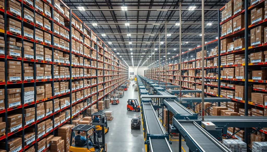 A vast, bustling fulfillment center nestled amid a modern industrial landscape. Towering shelves brimming with neatly organized products, their barcodes gleaming under the harsh fluorescent lights. Forklift operators weave between the aisles, efficiently loading and unloading cargo. In the background, automated conveyor belts transport packages to be meticulously inspected, packaged, and readied for shipment. The atmosphere is one of precision, efficiency, and a well-oiled logistics machine, capturing the essence of modern e-commerce fulfillment. A vast, bustling fulfillment center nestled amid a modern industrial landscape. Towering shelves brimming with neatly organized products, their barcodes gleaming under the harsh fluorescent lights. Forklift operators weave between the aisles, efficiently loading and unloading cargo. In the background, automated conveyor belts transport packages to be meticulously inspected, packaged, and readied for shipment. The atmosphere is one of precision, efficiency, and a well-oiled logistics machine, capturing the essence of modern e-commerce fulfillment.