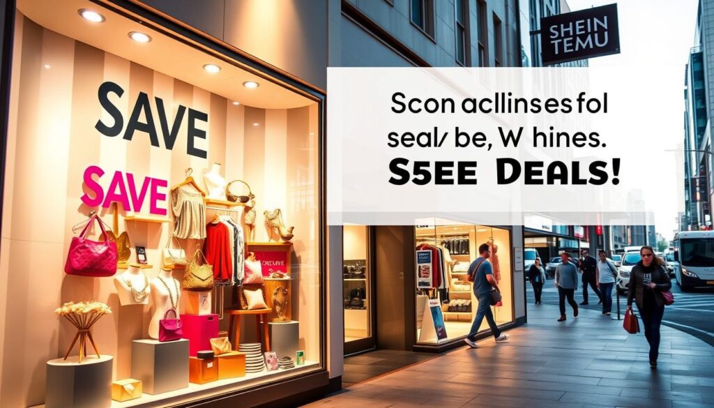 A vibrant and captivating storefront scene showcasing the best savings on Shein and Temu. In the foreground, a large display window showcases a visually striking arrangement of fashion items, accessories, and home goods, all adorned with prominent "SAVE" and "DEALS" signage. The midground features a sleek, modern storefront facade with minimalist branding and design, conveying a sense of high-quality and affordability. The background depicts a bustling urban street, with pedestrians and traffic adding to the energetic atmosphere. The lighting is soft and even, creating a warm and inviting ambiance that draws the viewer's attention to the enticing savings on display. The overall composition is balanced and visually compelling, effectively highlighting the key message of finding the best deals on Shein and Temu.