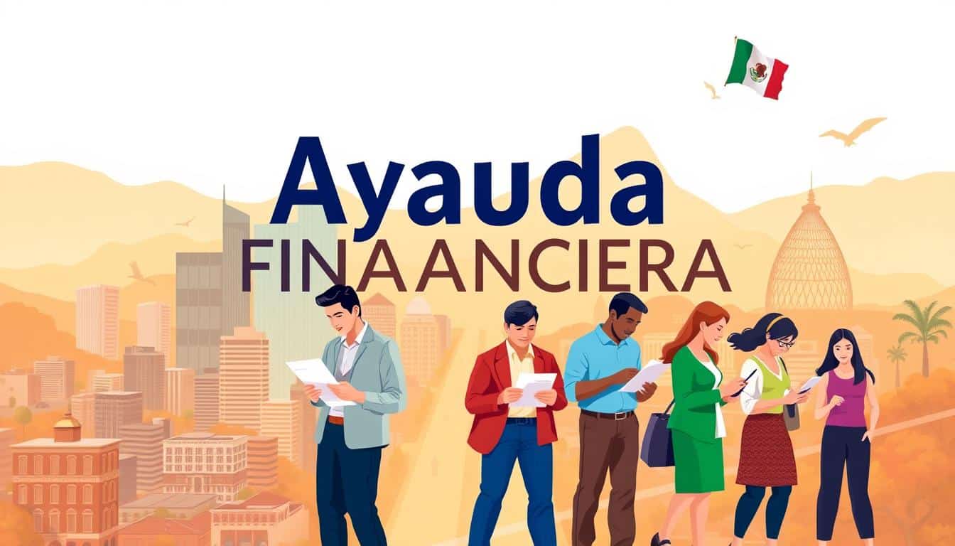 A vibrant and dynamic illustration of "Ayuda Financiera" in Mexico, showcasing a diverse range of financial assistance options. In the foreground, a warm-toned cityscape with modern skyscrapers and bustling streets, conveying a sense of economic activity and opportunity. In the middle ground, a group of people of various ages and backgrounds, each engaged in different financial transactions, such as consulting with financial advisors, signing documents, or accessing digital banking services. The background features a softer, more abstract landscape, with subtle hints of Mexican cultural elements, such as vibrant colors and patterns, creating a cohesive and immersive scene. Lighting is natural and directional, casting subtle shadows and highlighting the dynamism of the composition. The overall mood is one of optimism, progress, and a commitment to financial empowerment.