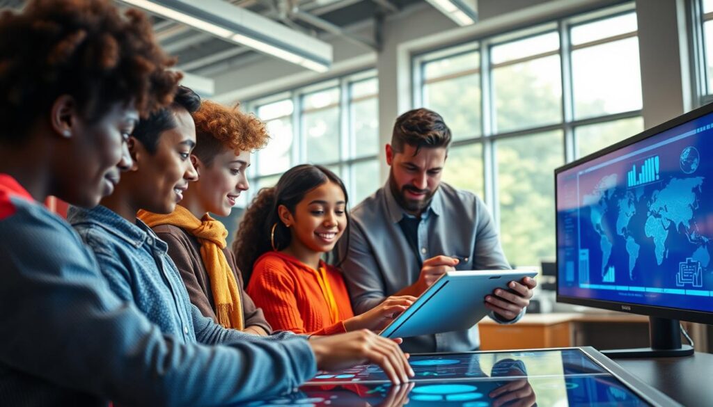 A vibrant and dynamic scene showcasing the integration of technology in the educational landscape. In the foreground, a group of diverse students engage with interactive touchscreens, collaborating on digital projects. The middle ground features a teacher guiding them, utilizing a sleek, futuristic-looking tablet. The background is a modern, well-lit classroom, with large windows allowing natural light to pour in, illuminating the technological tools and devices. The overall atmosphere is one of energy, innovation, and a sense of progress in the evolving world of digital learning.