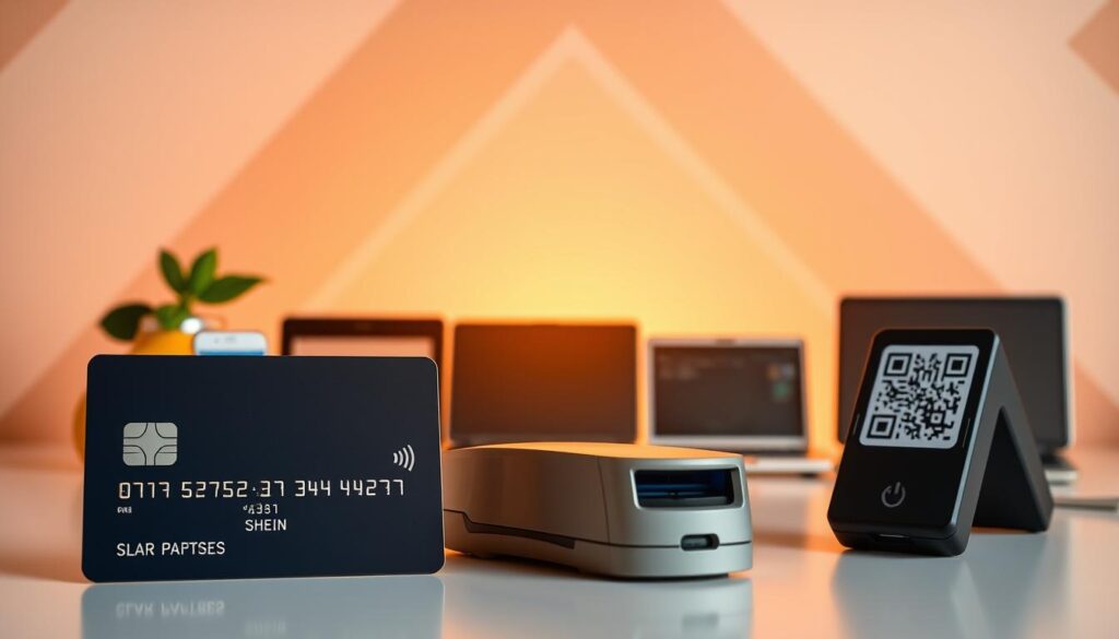 A vibrant and modern composition showcasing various alternative payment methods for the Shein online shopping platform. In the foreground, a sleek and secure-looking credit card, a contactless digital wallet, and a QR code scanner are prominently displayed, hinting at the diverse range of payment options available. In the middle ground, a range of mobile devices, laptops, and desktop computers suggest the versatility of these alternative payment methods across different devices and platforms. The background features a stylized geometric pattern in muted tones, creating a sense of sophistication and technology. Soft, warm lighting illuminates the scene, highlighting the convenience and security of these Shein payment alternatives. A vibrant and modern composition showcasing various alternative payment methods for the Shein online shopping platform. In the foreground, a sleek and secure-looking credit card, a contactless digital wallet, and a QR code scanner are prominently displayed, hinting at the diverse range of payment options available. In the middle ground, a range of mobile devices, laptops, and desktop computers suggest the versatility of these alternative payment methods across different devices and platforms. The background features a stylized geometric pattern in muted tones, creating a sense of sophistication and technology. Soft, warm lighting illuminates the scene, highlighting the convenience and security of these Shein payment alternatives.