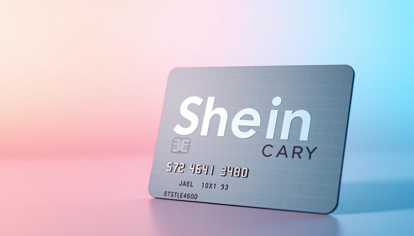 A vibrant and modern credit card mockup set against a clean and minimalist background, showcasing the Shein logo prominently. The credit card is positioned in the foreground, capturing its sleek design and metallic accents. The middle ground features a soft, gradient-filled backdrop, creating a sense of depth and drawing the viewer's attention to the central element. The lighting is soft and diffused, highlighting the card's details and creating a sophisticated, high-end aesthetic. The overall mood is professional, visually appealing, and effectively communicates the secure payment options available through Shein.