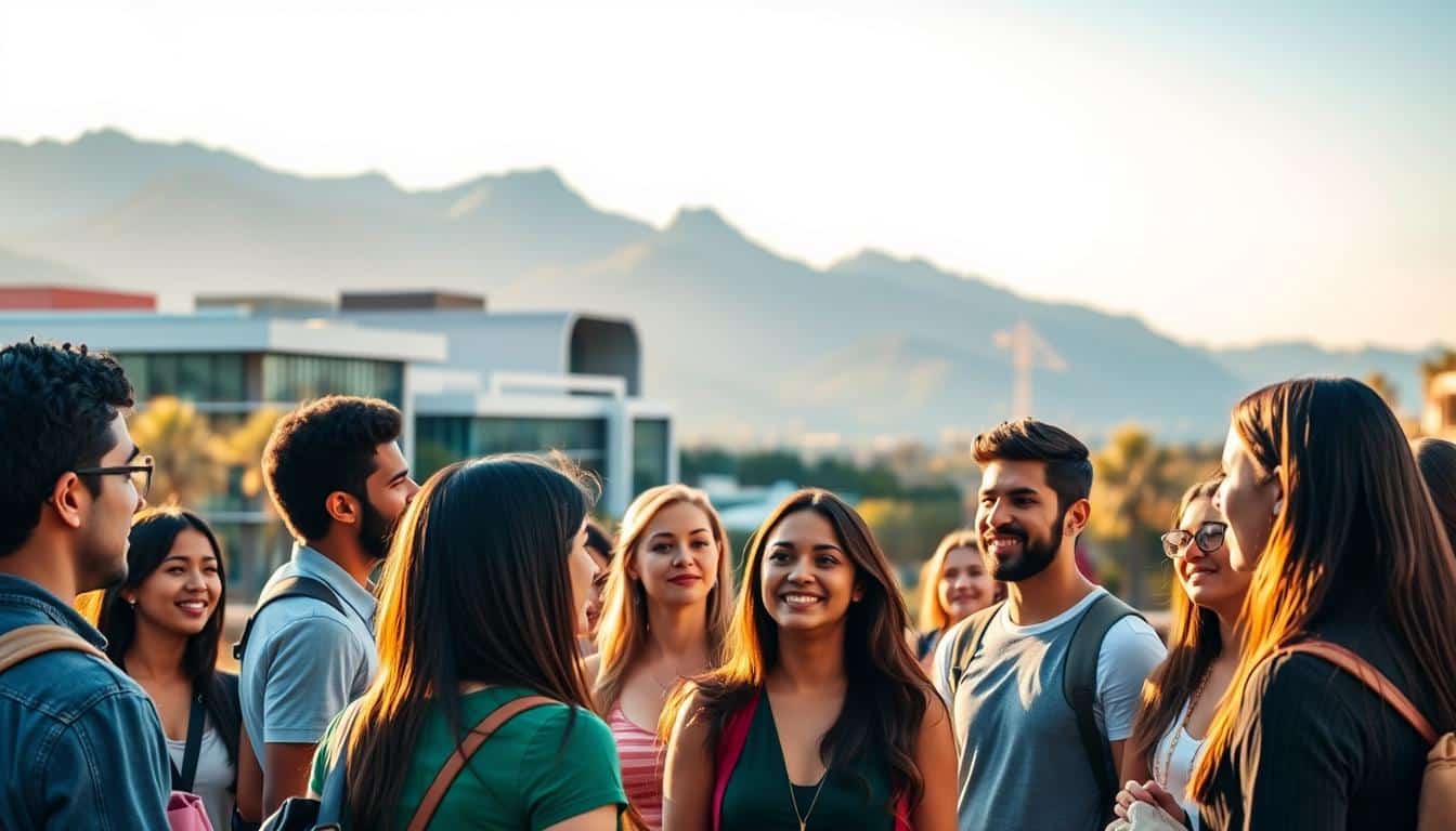A vibrant campus scene depicting postgraduate studies in Mexico. In the foreground, a group of diverse students engaged in lively discussion, their expressions animated as they share ideas. In the middle ground, modern university buildings with sleek architectural designs stand tall, reflecting the country's commitment to higher education. The background showcases the striking landscape, with majestic mountains and a clear blue sky, creating a sense of inspiration and opportunity. Warm, natural lighting casts a welcoming glow, evoking a sense of intellectual pursuit and personal growth. The overall atmosphere conveys the dynamic and enriching experience of pursuing postgraduate studies in Mexico.