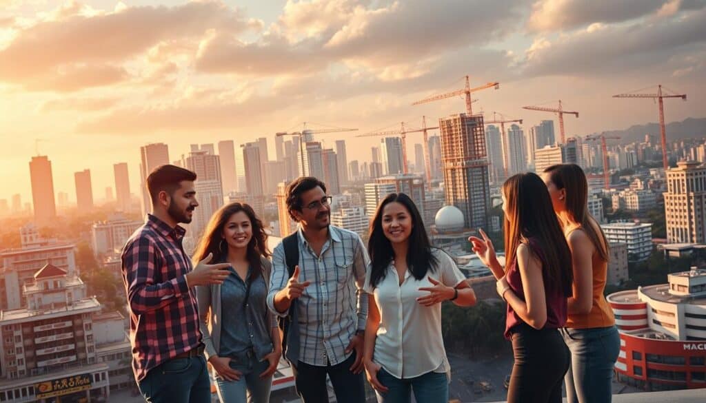 A vibrant cityscape depicting the entrepreneurial spirit of Mexico. In the foreground, dynamic individuals in casual attire engage in animated discussions, gesturing with purpose as they brainstorm innovative business ideas. The middle ground features a mix of modern high-rises and traditional architectural elements, reflecting the country's blend of old and new. Warm lighting casts a golden glow, evoking a sense of optimism and possibility. In the background, a skyline dotted with cranes and construction sites symbolizes the growth and evolution of Mexico's entrepreneurial landscape. The overall scene conveys a atmosphere of creativity, collaboration, and the promise of opportunity.