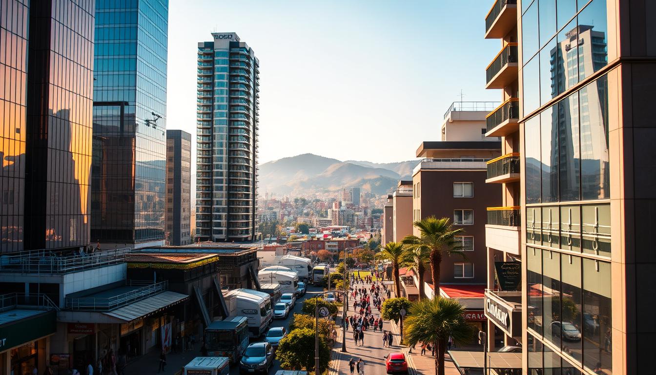 A vibrant cityscape in Mexico, with a bustling downtown area. In the foreground, modern high-rise buildings stand tall, their reflective glass facades catching the warm, golden light of the afternoon sun. In the middle ground, a busy street lined with colorful storefronts and local shops, people strolling and going about their daily lives. In the background, rolling hills and a clear blue sky, hinting at the natural beauty that surrounds the urban center. The overall scene conveys a sense of energy, opportunity, and the rich cultural heritage of Mexico. Shot with a wide-angle lens to capture the scope and scale of the environment.