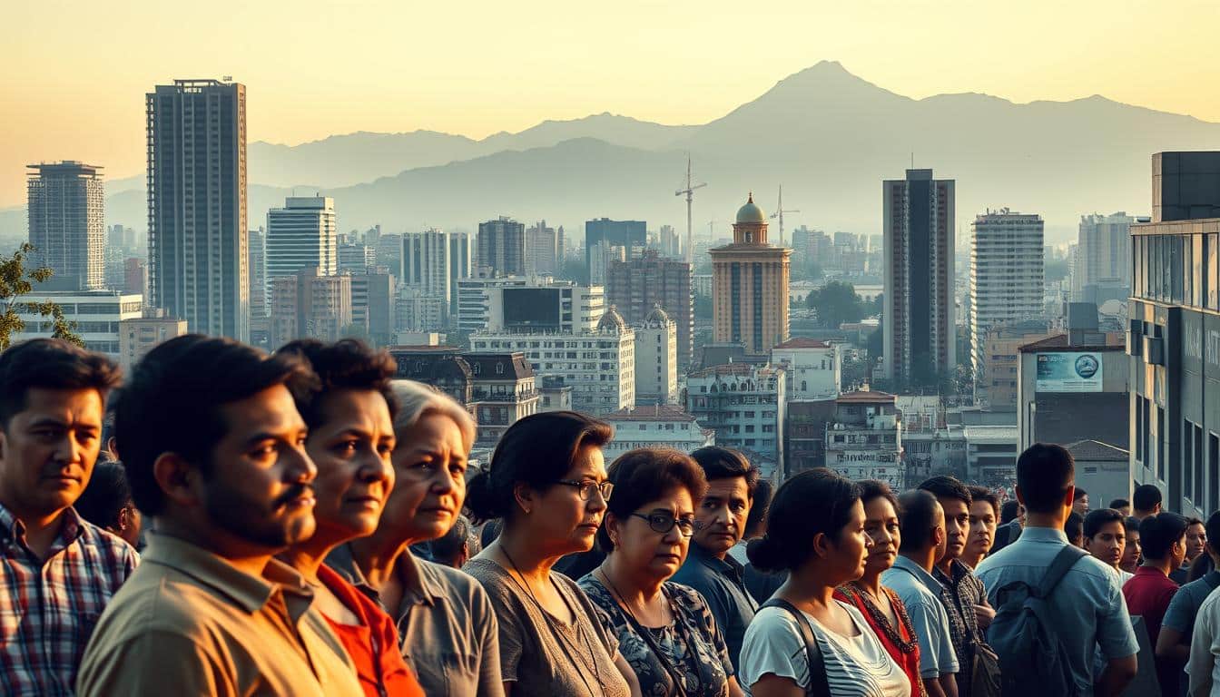 A vibrant cityscape in Mexico, with towering skyscrapers and bustling streets. In the foreground, a group of people waiting in line at a government assistance office, their faces etched with concern. Soft, warm lighting illuminates the scene, casting a sense of hope and resilience. The middle ground features a mix of modern and traditional architecture, reflecting the diverse economic landscape. In the background, a hazy mountain range rises, symbolizing the challenges and opportunities that lie ahead. The overall atmosphere conveys a sense of community, unity, and the determination to overcome financial hardship.