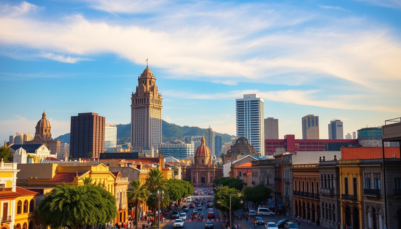 A vibrant cityscape of Mexico, with the iconic Carreras towers rising majestically against a backdrop of azure skies. In the foreground, bustling streets teeming with life, as locals and tourists alike navigate the vibrant urban landscape. The middle ground showcases the diverse architectural styles, from colonial-era buildings to modern high-rises, seamlessly blending together. Warm, golden hues bathe the scene, creating a sense of optimism and possibility. A wide-angle lens captures the grandeur of the setting, inviting the viewer to explore the myriad educational and career opportunities that this dynamic city has to offer.