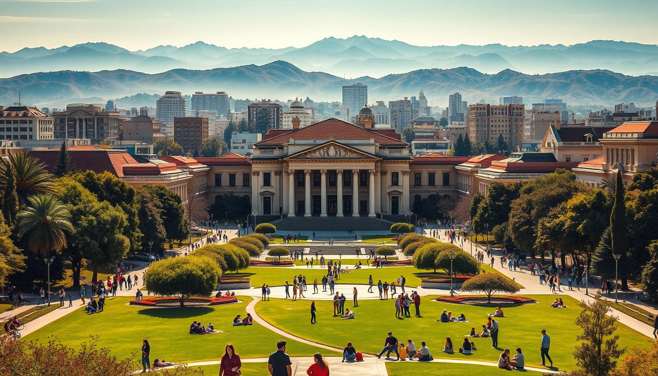 A vibrant cityscape of Mexico, with towering universities and bustling students. In the foreground, a lush campus quad with young people studying, relaxing, and engaging in lively discussions. Mid-ground, grand neo-classical architecture housing lecture halls and laboratories, bathed in warm, golden sunlight. In the background, the iconic silhouettes of the Andes mountains rise majestically. The scene evokes a sense of intellectual vibrancy, cultural richness, and the endless possibilities of education in Mexico.