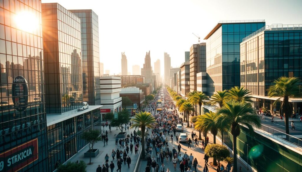 A vibrant cityscape of Mexico's thriving startup ecosystem, captured in a dynamic aerial shot. In the foreground, sleek modern office buildings and coworking spaces buzz with activity, their glass facades reflecting the warm glow of the sun. In the middle ground, bustling streets teeming with young professionals hurry between meetings, their energy and ambition palpable. The background features the iconic architecture and landmarks of Mexico City, a fitting backdrop for this burgeoning hub of innovation and entrepreneurship. The scene is bathed in a soft, golden light, conveying a sense of optimism and boundless potential. A lens flare gently accentuates the scene, adding a touch of cinematic flair.