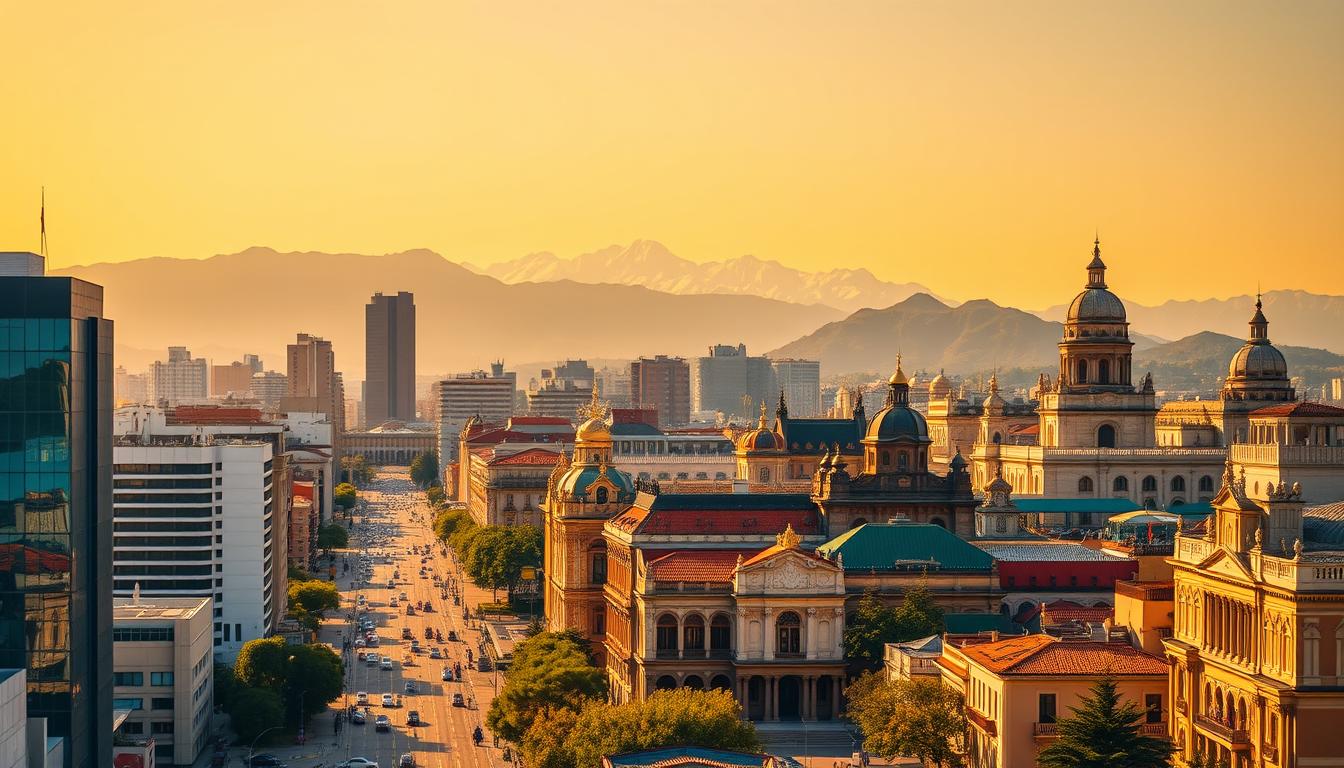 A vibrant cityscape showcasing the diversity of Mexico's specializations. In the foreground, modern high-rise buildings and bustling streets, reflecting the dynamic business and technology sectors. The middle ground features a blend of traditional architecture, with colorful facades and ornate details, symbolizing Mexico's rich cultural heritage. In the background, the silhouette of snow-capped mountains, evoking a sense of grandeur and the country's natural splendor. The scene is bathed in warm, golden sunlight, conveying a sense of growth, opportunity, and the country's forward momentum. The overall composition captures the essence of "Avanza con una Especialización en México" - a harmonious blend of modernity and tradition, progress and preservation.