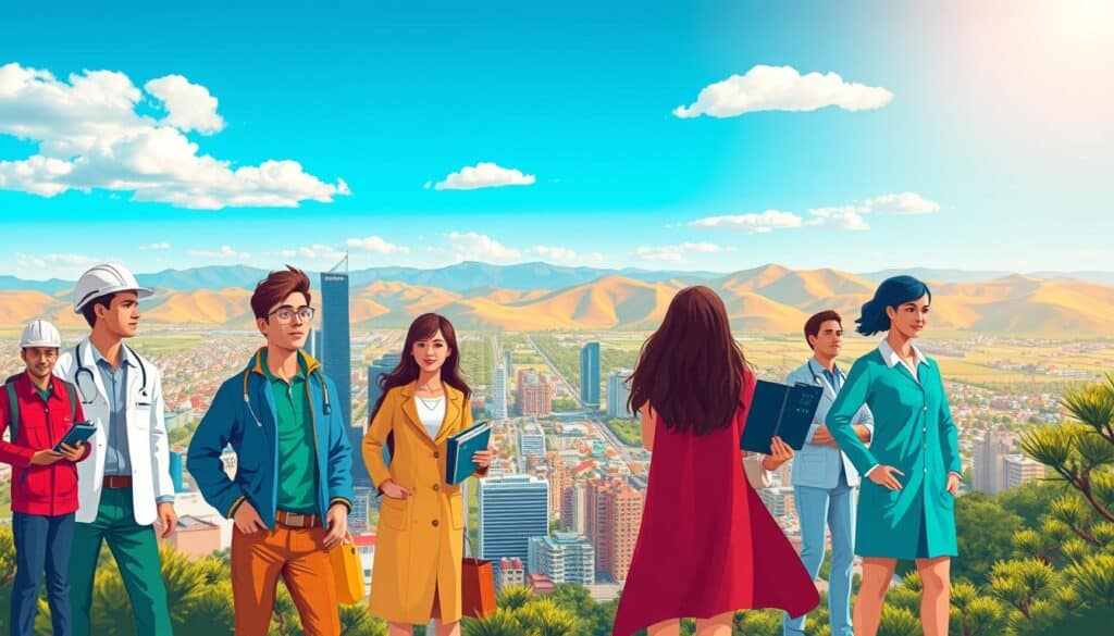 A vibrant, detailed illustration depicting the most in-demand careers in Mexico. In the foreground, prominent figures representing diverse professions such as engineering, healthcare, technology, and business stand out against a dynamic cityscape. The middle ground showcases a bustling urban environment with skyscrapers, infrastructure, and a sense of activity. The background features rolling hills, a clear blue sky, and a warm, sun-drenched atmosphere, conveying a sense of growth, opportunity, and prosperity. Lighting is natural and evenly distributed, highlighting the subject matter with a crisp, photorealistic quality. The composition is balanced and visually engaging, inviting the viewer to explore the thriving career landscape of Mexico.