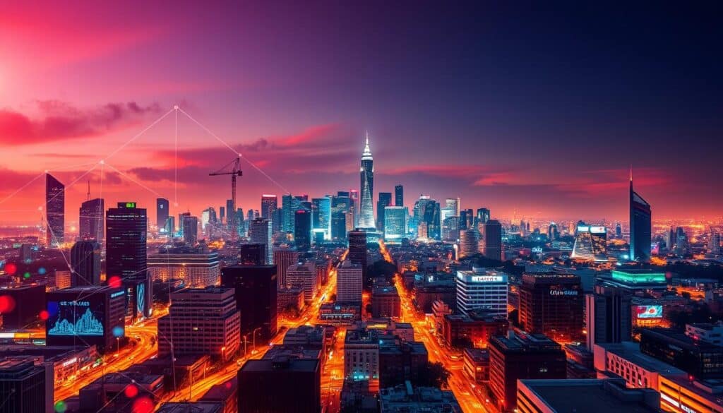 A vibrant, dynamic cityscape depicting the digital transformation of Mexico. In the foreground, a bustling scene of interconnected devices, data flows, and digital interfaces, symbolizing the integration of technology into the fabric of Mexican businesses. The middle ground showcases a diverse array of modern office buildings and smart infrastructure, reflecting the adoption of digital solutions. In the background, the iconic silhouette of Mexico City's skyline is visible, bathed in a warm, saturated color palette that evokes a sense of progress and innovation. The overall composition conveys a sense of energy, optimism, and the embrace of a digitally-driven future for Mexican enterprises.