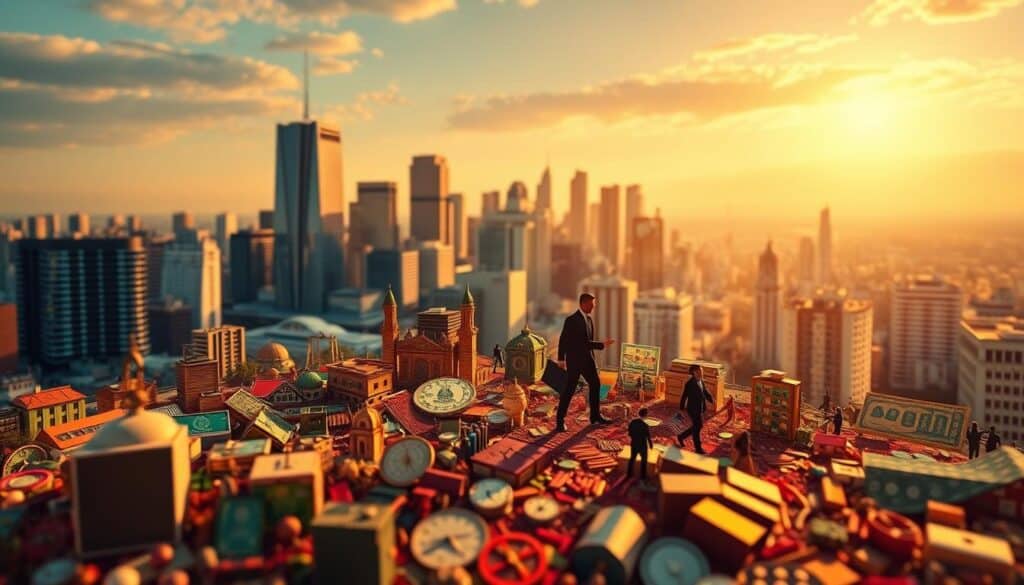 A vibrant, dynamic composition showcasing the diverse world of non-banking financing options. In the foreground, a tapestry of financial instruments - crowdfunding platforms, peer-to-peer lending, microfinance institutions, and alternative investment vehicles - all woven together to form a visually striking representation of the "financiamiento no bancario" landscape. The middle ground features silhouetted figures navigating this intricate financial ecosystem, their actions and decisions driving the flow of capital. In the background, a cityscape of towering skyscrapers and bustling streets, symbolizing the interconnected nature of traditional and non-traditional financing avenues. Warm, golden lighting casts a sense of optimism and opportunity, while a subtle depth of field emphasizes the depth and complexity of the subject matter.