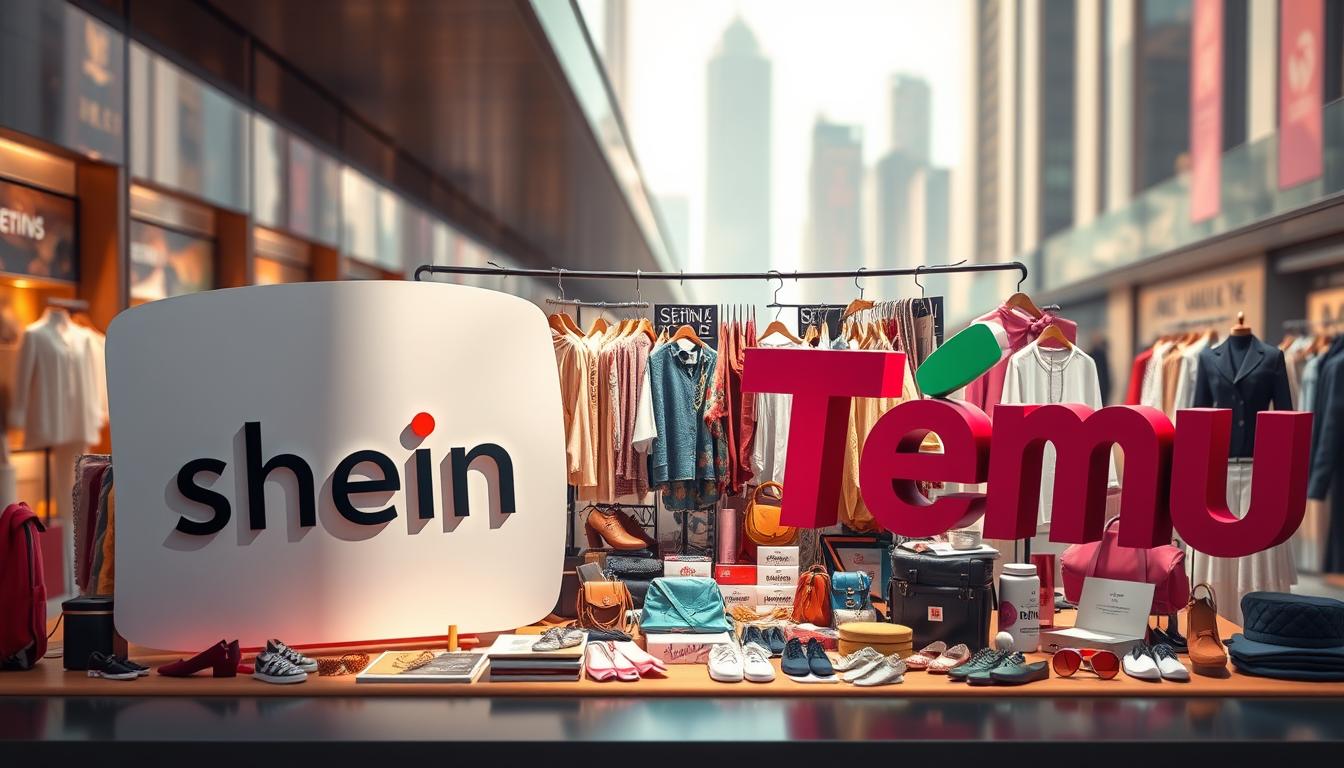 A vibrant, dynamic scene with Shein and Temu logos prominently displayed in the foreground. The two logos are positioned side-by-side, slightly tilted and casting long shadows, creating a sense of visual tension and comparison. In the middle ground, a diverse array of clothing items, accessories, and other products are artfully arranged, showcasing the variety of offerings from both companies. The background is a soft, blurred cityscape, hinting at the global reach and influence of these fast-fashion giants. The overall mood is one of competition, with a touch of modernity and energy, reflecting the subject of the article.