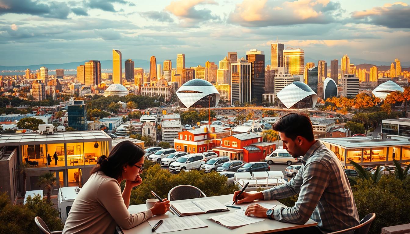 A vibrant financial landscape showcasing the diverse opportunities for Mexican entrepreneurs. In the foreground, a group of determined individuals gather around a table, reviewing business plans and exploring funding options. The middle ground features a blend of modern office spaces and startup incubators, bustling with activity and innovation. In the background, the iconic skyline of a thriving Mexican city reflects the growing entrepreneurial spirit, illuminated by warm, golden lighting that captures the optimism and potential of this dynamic ecosystem. The scene conveys a sense of collaboration, energy, and the unwavering drive to turn ambitious ideas into successful ventures.