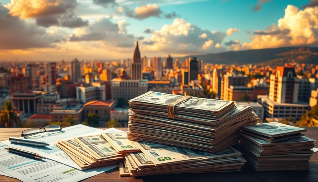 A vibrant financial strategy landscape with a strong emphasis on emergency savings for the Mexican market. In the foreground, a well-stocked emergency fund represented by stacks of pesos, surrounded by financial planning tools and documents. The middle ground features a cityscape of Mexico City's iconic architecture, bathed in warm, golden light, symbolizing economic prosperity. The background showcases a dramatic sky with fluffy clouds, conveying a sense of stability and security. The overall composition exudes a professional, yet approachable atmosphere, reflecting the expertise and guidance of financial advisors.
