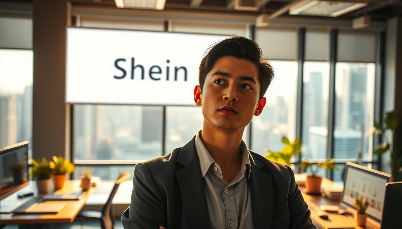 A vibrant, high-resolution image of a modern office workspace, with an emphasis on a prominent Shein logo prominently displayed on a large computer screen. The scene is bathed in warm, natural lighting, creating a sense of professionalism and productivity. In the foreground, a thoughtful employee, dressed in business casual attire, is gazing intently at the screen, their expression conveying a sense of concern and uncertainty. The background is filled with subtle office details, such as neatly organized desks, potted plants, and a large window overlooking a bustling city skyline. The overall atmosphere evokes a sense of contemplation and the need to uncover the truth behind the rumored Shein shutdown.