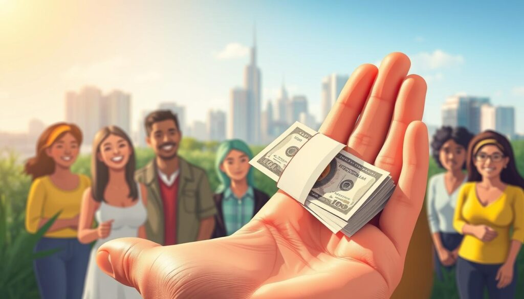 A vibrant illustration depicting the concept of financial assistance. In the foreground, an open hand holding a stack of banknotes, symbolizing the provision of monetary aid. In the middle ground, a diverse group of people, their expressions conveying relief and gratitude. In the background, a cityscape with modern architecture, representing the broader economic landscape. Warm lighting casts a hopeful glow, and the composition is balanced, creating a sense of stability and security. The image aims to capture the essence of financial support, its positive impact on individuals, and its role in shaping a thriving community.