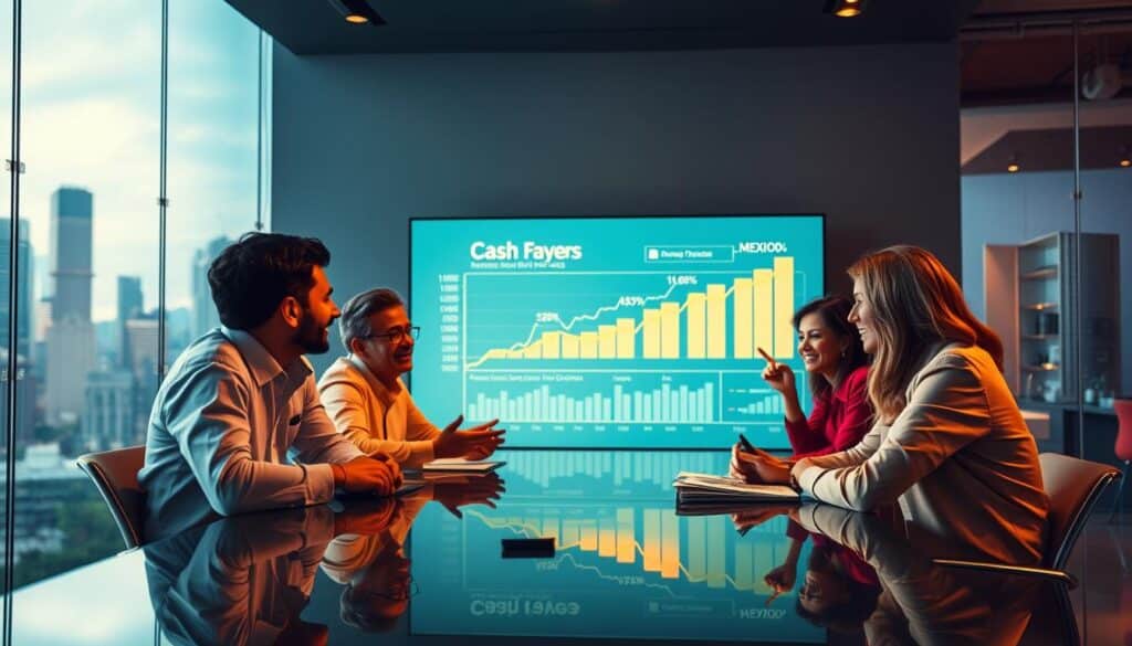 A vibrant, modern scene depicting the financial flow and growth dynamics of small and medium-sized enterprises (SMEs) in Mexico. In the foreground, a diverse group of Mexican entrepreneurs enthusiastically discuss financial strategies over a sleek conference table, their faces illuminated by warm, natural lighting. In the middle ground, a dynamic visualization of cash flow data and financial projections projects onto a large screen, highlighting the opportunities and challenges facing SMEs. The background features a bustling urban skyline, symbolizing the vibrant economic landscape of Mexico, with a subtle blue and gold color palette conveying a sense of stability and prosperity.
