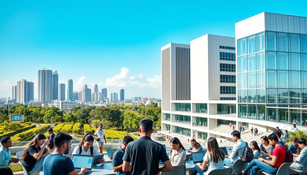 A vibrant, modern university campus set against the backdrop of the Mexico City skyline. In the foreground, students engage in lively group discussions, their laptops and tablets open as they collaborate on digital projects. The middle ground features a large, high-tech lecture hall with floor-to-ceiling windows, allowing natural light to flood the space. In the background, sleek, minimalist buildings housing administrative offices and virtual classrooms stand tall, symbolizing the seamless integration of on-site and remote learning. The scene conveys a sense of innovative, technology-driven education, catering to the needs of Mexico's diverse student population.