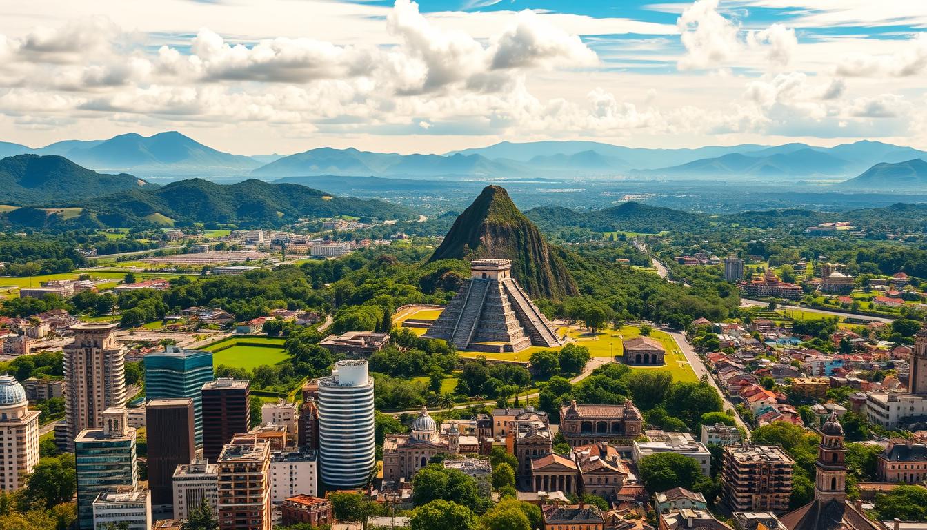 A vibrant panorama of Mexico's boundless opportunities. In the foreground, a bustling cityscape with towering skyscrapers and modern infrastructure, symbolizing the country's thriving economy and technological innovation. The middle ground features lush, verdant landscapes, rolling hills, and scenic vistas, representing the diverse natural resources and agricultural potential. In the background, ancient Mayan ruins and colonial architecture stand as a testament to Mexico's rich cultural heritage and history. Warm, golden sunlight filters through wispy clouds, casting a sense of optimism and possibility across the scene. The overall composition conveys a dynamic balance between progress, tradition, and the vast untapped potential that awaits those who seek new horizons in this enchanting land.