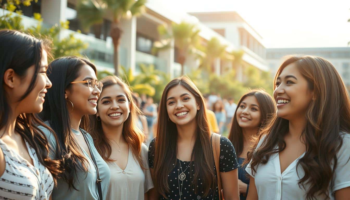 A vibrant scene depicting female university students in Mexico, captured with a soft, dreamlike lens. In the foreground, a group of diverse, animated young women engaged in lively discussion, their expressions conveying a sense of intellectual curiosity and determination. The middle ground showcases the campus environment, with modern architecture, lush greenery, and a bustling atmosphere. In the background, a subtle haze of sunlight filters through, creating a warm, welcoming ambiance. The overall mood is one of empowerment, opportunity, and the boundless potential of these universitarias, poised to shape the future of their nation.
