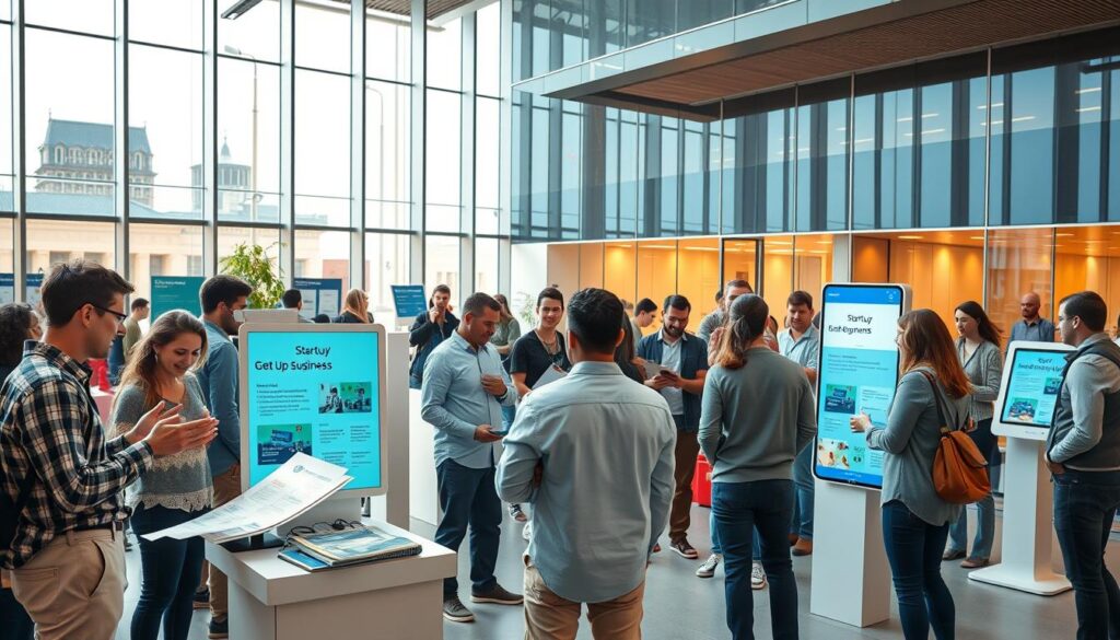 A vibrant scene depicting government programs for entrepreneurs, captured in a dynamic, wide-angle photograph. In the foreground, a diverse group of startup founders and small business owners enthusiastically discuss their ideas, surrounded by informational displays and promotional materials. In the middle ground, a series of interactive kiosks and touchscreen interfaces offer guidance on funding opportunities, regulatory compliance, and business development resources. The background features a sleek, modern government office building, with clean lines and large windows that flood the space with warm, natural lighting. The overall atmosphere conveys a sense of optimism, innovation, and strong government support for entrepreneurial endeavors.