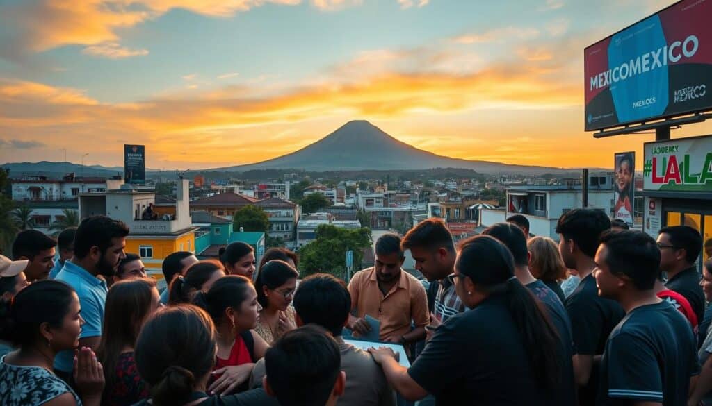 A vibrant scene of crowdfunding in México, captured with a wide-angle lens. In the foreground, a diverse group of people enthusiastically crowd around a laptop, discussing a project proposal. The middle ground showcases a bustling urban landscape, with colorful buildings and billboards highlighting local businesses and initiatives. In the background, the iconic silhouette of the Popocatépetl volcano stands tall, bathed in the warm glow of the Mexican sunset. The overall atmosphere is one of community, collaboration, and a shared sense of purpose, reflecting the spirit of crowdfunding in this vibrant nation.