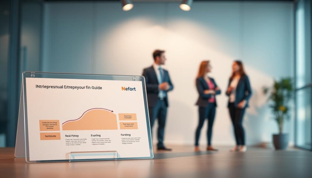 A vibrant, staged financial guide with a clean, modern aesthetic. The foreground showcases a minimalist infographic depicting a step-by-step process, rendered in a warm, muted color palette. The middle ground features a trio of businesspeople in professional attire, engaged in a collaborative discussion against a blurred background. Indirect lighting from above casts subtle shadows, creating depth and emphasizing the conceptual nature of the scene. The overall composition conveys a sense of organization, guidance, and the collaborative spirit of entrepreneurial financing.