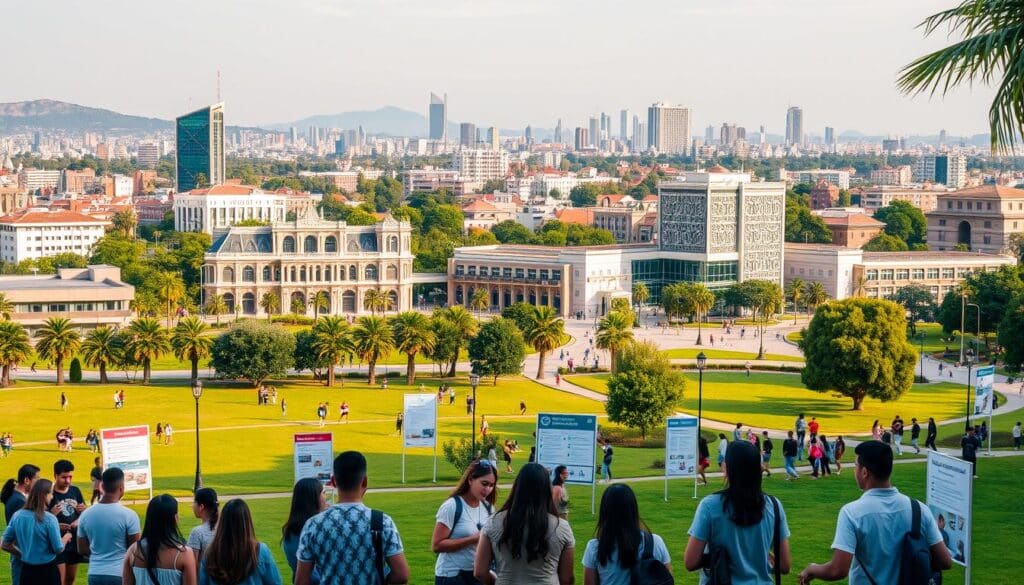 A vibrant university campus set against the backdrop of a bustling Mexican cityscape. In the foreground, a group of students engrossed in discussions, their faces illuminated by the warm, natural lighting. Scattered across the lush, manicured lawns are informational stands and kiosks, showcasing the diverse academic offerings and financial aid options available. In the middle ground, modern, architecturally impressive university buildings rise, their facades adorned with intricate designs that blend traditional and contemporary elements. The distant horizon is dotted with towering skyscrapers, hinting at the urban dynamism that characterizes the Mexican educational landscape. The overall atmosphere conveys a sense of opportunity, community, and the pursuit of knowledge.