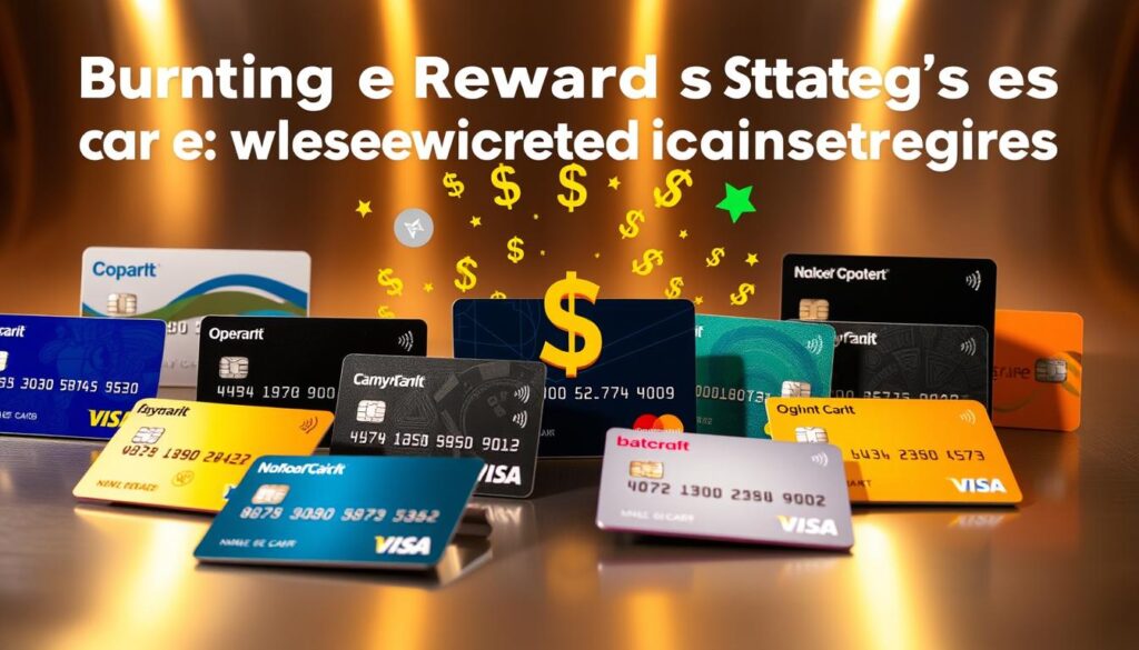 A vibrant, visually engaging image showcasing various reward strategies across leading business credit card issuers. In the foreground, a dynamic display of credit cards, each with distinctive designs and logos, symbolizing the diverse offerings. The middle ground features a constellation of dollar signs, points, and other reward icons, highlighting the earning potential. In the background, a sleek, metallic surface reflects the cards, creating a sense of sophistication. The lighting is warm and inviting, casting a glow that enhances the premium aesthetic. The overall composition conveys the idea of strategic reward optimization, essential for businesses seeking to maximize the benefits of their credit card programs.