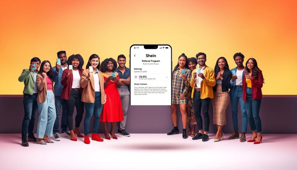 A vibrant, visually striking illustration of Shein's referral program. In the foreground, a group of diverse, stylishly dressed individuals stands together, holding up their phones and smiling, showcasing the referral process. The middle ground features a sleek, minimalist interface displaying Shein's referral program details, with a clean, modern aesthetic. In the background, a backdrop of warm, saturated colors sets an inviting, aspirational tone, conveying the excitement and rewards of participating in the program. The lighting is soft and diffused, creating a sense of depth and dimension. The overall composition is dynamic and visually compelling, drawing the viewer's attention to the key elements of the referral program.