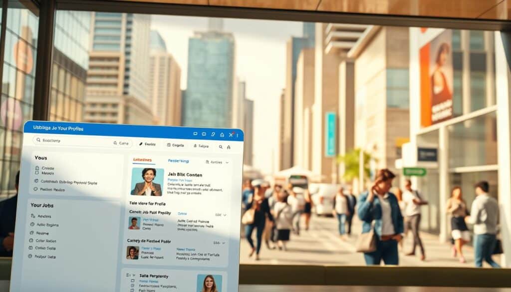 A vibrant, well-designed job search platform interface, showcasing various sections and tools for users to optimize their profiles and discover relevant employment opportunities in Mexico. The foreground features a clean, modern layout with intuitive navigation, job listings, and user profile customization options. The middle ground depicts people actively using the platform, browsing jobs and updating their resumes. The background subtly hints at the diverse employment landscape in Mexico, with skyscrapers, bustling city streets, and a sense of opportunity. The lighting is natural and warm, creating a welcoming, professional atmosphere. The overall composition conveys the ease and efficiency of finding the right job through this digital platform.