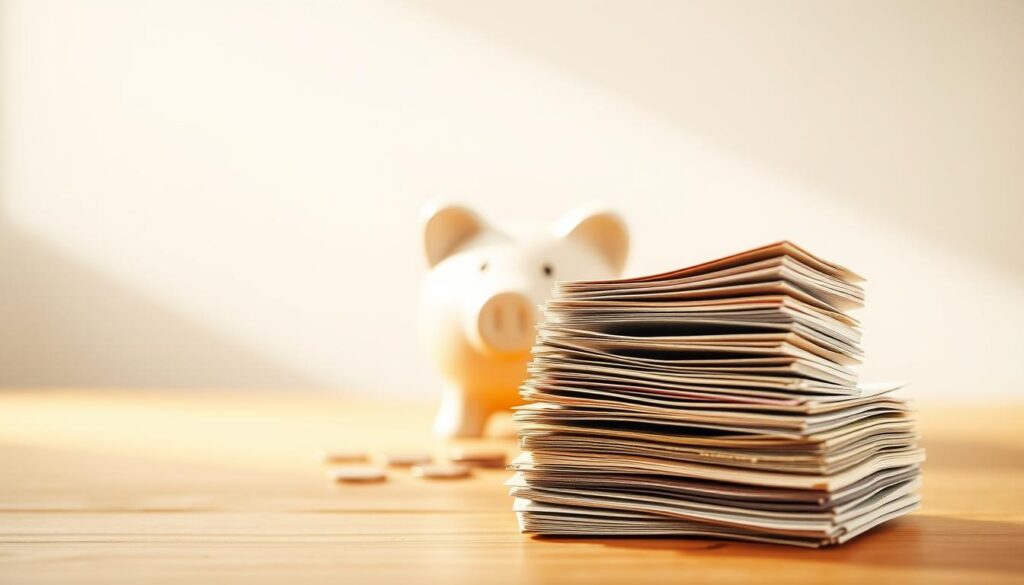 A warm, inviting scene of a well-organized emergency savings fund. In the foreground, a stack of neatly arranged bills and coins against a soft, blurred background. The lighting is natural and diffused, creating a sense of calm and financial security. In the middle ground, a piggy bank or other simple savings container stands as a symbolic representation of responsible money management. The background features a subtle pattern or texture, such as a wooden surface or patterned fabric, to add depth and visual interest. The overall mood is one of financial preparedness, stability, and a sense of control over one's financial future.