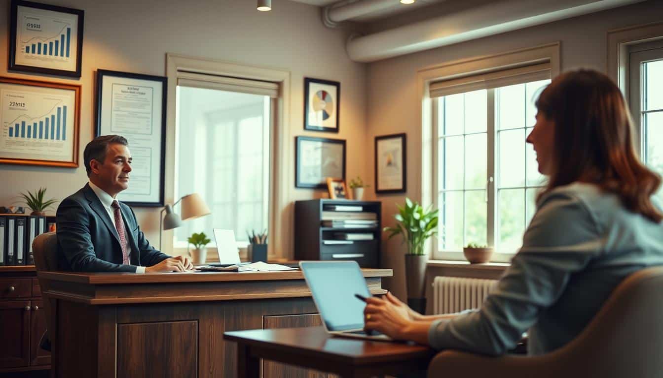 A warm, welcoming office setting featuring a wooden desk with a financial advisor sitting at it, dressed in a professional suit. The walls are adorned with framed financial charts and certificates, conveying a sense of expertise and trustworthiness. Soft, indirect lighting casts a pleasant glow, and large windows allow natural light to flood the space, creating an airy, inviting atmosphere. In the foreground, a client is seated across the desk, engaged in a discussion with the advisor, their expressions reflecting a collaborative, consultative dynamic. The overall scene should exude a sense of financial guidance, confidence, and a commitment to helping individuals achieve their monetary goals.