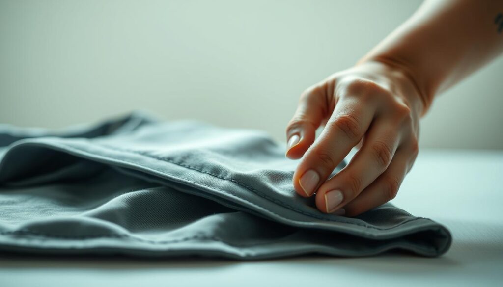 A well-lit, close-up product photography scene showcasing a person's hands carefully inspecting the quality of a garment. The foreground features the garment's fabric, stitching, and details being examined under bright, directional lighting. The middle ground shows the person's hands meticulously running their fingers over the material, examining it from multiple angles. The background is softly blurred, providing a clean, minimalist focus on the quality assessment process. The overall mood is one of thoughtful, thorough evaluation, conveying the importance of verifying product quality before making a purchase.