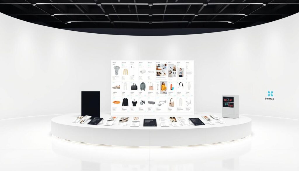 A well-lit, high-resolution render of a modern, minimalist Temu marketplace model. In the foreground, a sleek, curved platform showcases various product categories. In the middle ground, a grid of product images and descriptions float effortlessly, inviting exploration. The background features a clean, white environment with soft, natural lighting, creating a sense of openness and simplicity. The overall composition conveys the Temu brand's focus on a streamlined, user-friendly shopping experience. A well-lit, high-resolution render of a modern, minimalist Temu marketplace model. In the foreground, a sleek, curved platform showcases various product categories. In the middle ground, a grid of product images and descriptions float effortlessly, inviting exploration. The background features a clean, white environment with soft, natural lighting, creating a sense of openness and simplicity. The overall composition conveys the Temu brand's focus on a streamlined, user-friendly shopping experience.