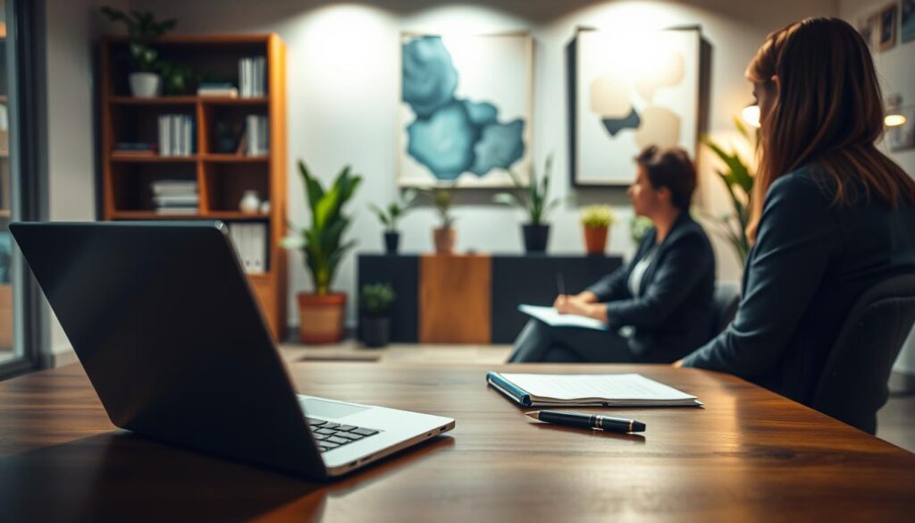A well-lit modern office setting, with a desk in the foreground featuring a laptop, notepad, and a pen. In the middle ground, a person sits across from an interviewer, engaged in a discussion. The background showcases a bookshelf, potted plants, and abstract wall art, creating a professional and inviting atmosphere. The lighting is warm and directional, casting gentle shadows and highlighting the scene's details. The overall mood is one of focus, preparation, and a productive interview process.