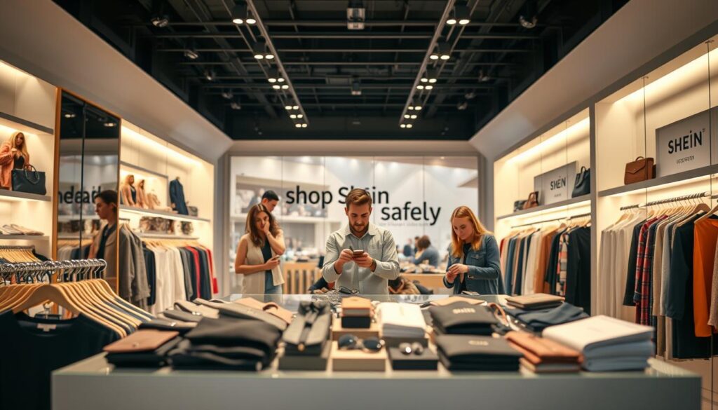 A well-lit, modern retail space with a sleek, minimalist design. In the foreground, a central display showcases a selection of Shein clothing and accessories, arranged artfully. The lighting casts a warm, inviting glow, highlighting the quality and attention to detail of the products. In the middle ground, consumers browse the displays, examining items with a thoughtful, cautious expression. The background features signage or visuals that convey a message of "shop Shein safely," emphasizing the importance of consumer awareness and responsible purchasing decisions. The overall atmosphere exudes a sense of professionalism, reliability, and transparency, guiding viewers to make informed choices when considering Shein as a shopping destination. A well-lit, modern retail space with a sleek, minimalist design. In the foreground, a central display showcases a selection of Shein clothing and accessories, arranged artfully. The lighting casts a warm, inviting glow, highlighting the quality and attention to detail of the products. In the middle ground, consumers browse the displays, examining items with a thoughtful, cautious expression. The background features signage or visuals that convey a message of "shop Shein safely," emphasizing the importance of consumer awareness and responsible purchasing decisions. The overall atmosphere exudes a sense of professionalism, reliability, and transparency, guiding viewers to make informed choices when considering Shein as a shopping destination.