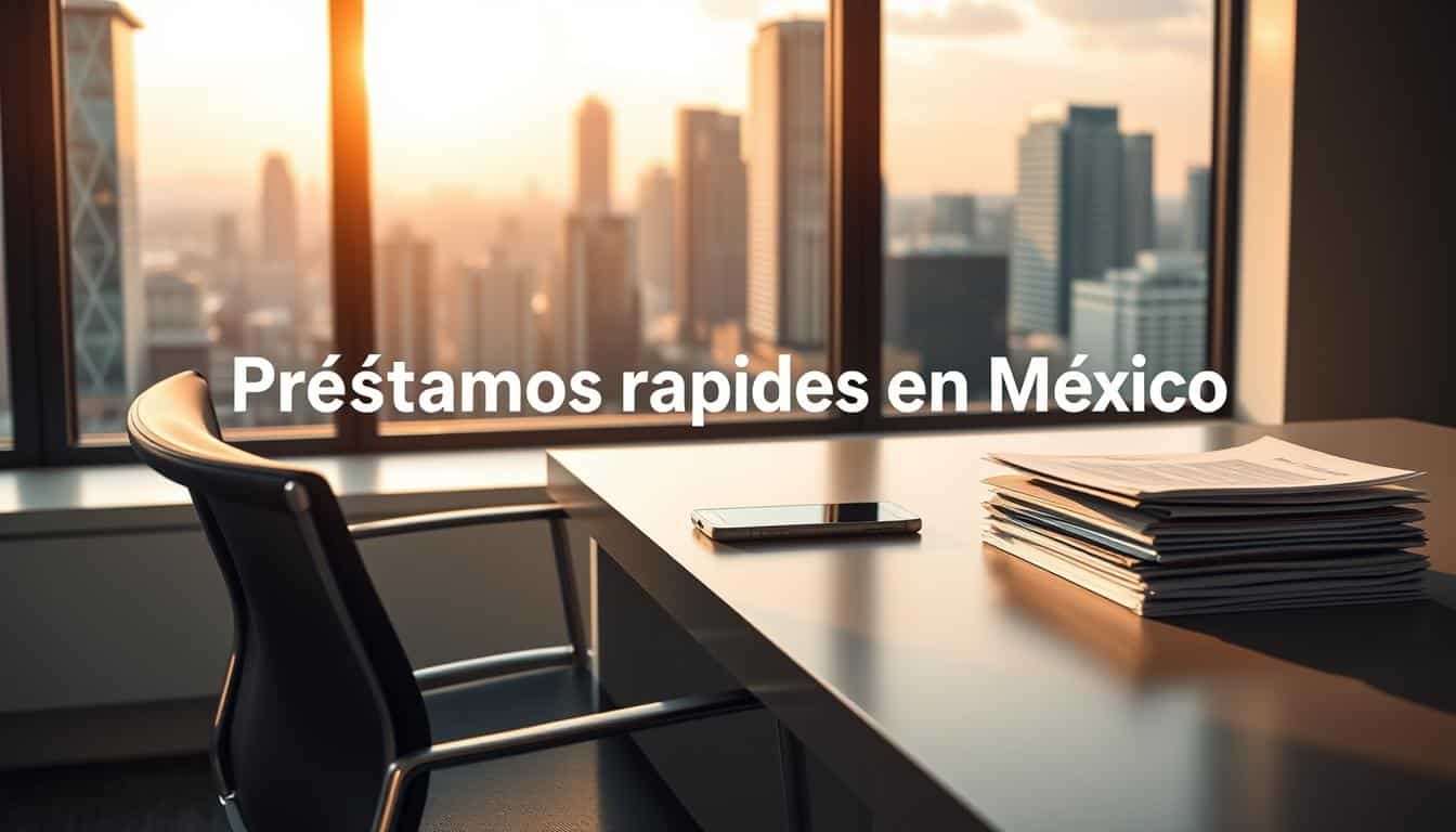 A well-lit office interior with a sleek, modern desk and chair. On the desk, a smartphone, a tablet, and a stack of documents, conveying a sense of efficiency and productivity. The background features a large window overlooking a bustling city skyline, creating a warm, inviting atmosphere. The overall scene evokes a feeling of convenience, reliability, and trustworthiness, reflecting the easy and secure nature of the "Préstamos Rápidos en México" service.