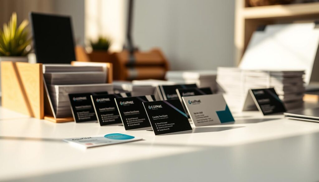 A well-organized and neatly arranged workspace, with a variety of business cards displayed on a clean, minimalist desk. The cards are positioned in an aesthetically pleasing manner, showcasing their designs and information. Warm, directional lighting from the side casts subtle shadows, adding depth and dimension to the scene. The background is blurred, keeping the focus on the carefully curated collection of cards. The overall atmosphere is professional, organized, and conveys a sense of efficiency and attention to detail in managing a business's card-related assets.
