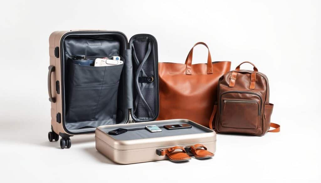A well-organized carry-on luggage set in a neatly arranged, brightly lit studio scene. The foreground features a sleek, modern suitcase in a neutral color, open to reveal its organized interior compartments. In the middle ground, a stylish leather tote bag and a compact, high-quality backpack complement the suitcase, showcasing a range of practical travel accessories. The background depicts a clean, minimalist setting with subtle textures, allowing the luggage to take center stage. The overall composition conveys a sense of efficiency, sophistication, and the thoughtful preparation required for international travel.