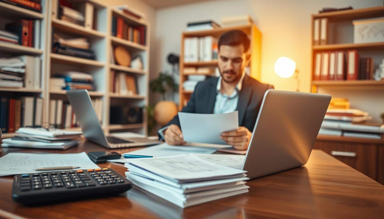 A well-organized office with a wooden desk, a laptop, a calculator, and a stack of documents in the foreground. In the middle ground, a person is sitting at the desk, reviewing financial documents with a focused expression. In the background, shelves of books and office supplies create a professional, productive atmosphere. The lighting is warm and inviting, casting a soft glow over the scene. The overall mood is one of diligence, attention to detail, and financial responsibility.