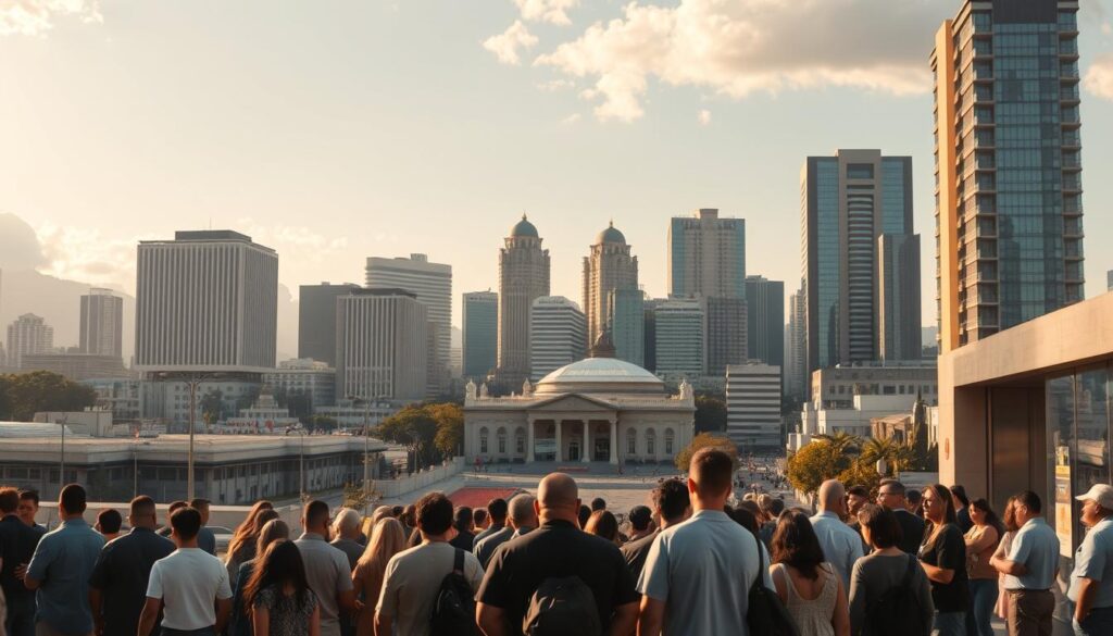 A wide, panoramic view of a bustling Mexican cityscape, with towering government buildings and modern high-rises in the background. In the foreground, a group of people stand in a line, waiting to enter a government assistance office. The scene is bathed in warm, golden light, suggesting a sense of hope and opportunity. A mix of formal and informal architecture creates a dynamic visual contrast, reflecting the diverse social and economic fabric of the city. Subtle details, such as signage and iconography, hint at the various social welfare programs available to the local population.