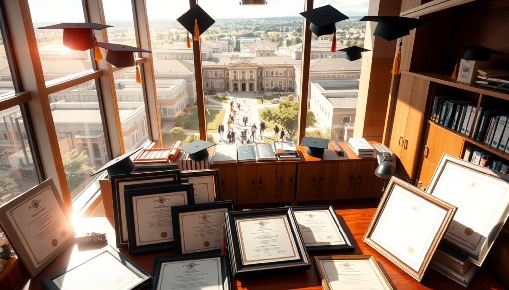 An administrative office interior, filled with diploma certificates, graduation caps, and scholarly accoutrements. Sunlight streams through large windows, casting a warm glow over the scene. In the foreground, a collection of diploma frames in various styles and colors, neatly arranged on a polished wooden desk. In the middle ground, bookshelves and filing cabinets, hinting at the academic rigor and institutional processes behind the qualifications. The background features a panoramic view of a bustling university campus, with students moving purposefully between buildings. An atmosphere of accomplishment, tradition, and opportunity pervades the image, capturing the essence of the "Modalidades de titulación" section of the article.