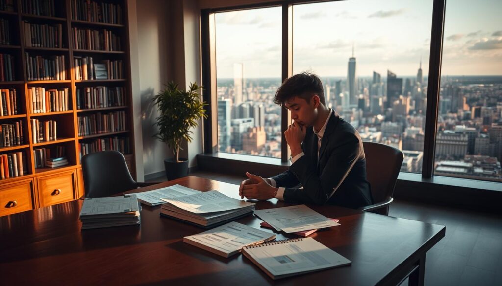 An elegantly composed scene depicting the process of "choosing a postgraduate program". In the foreground, a person sits thoughtfully, examining various documents and brochures laid out on a refined wooden desk. Soft, warm lighting filters in through large windows, casting a contemplative atmosphere. In the middle ground, bookshelves line the walls, symbolizing the wealth of academic knowledge available. The background features a panoramic view of a bustling city skyline, hinting at the diverse career opportunities a postgraduate degree can unlock. The overall mood is one of deliberation, as the individual carefully weighs their options to select the postgraduate program best suited to their aspirations and profile.